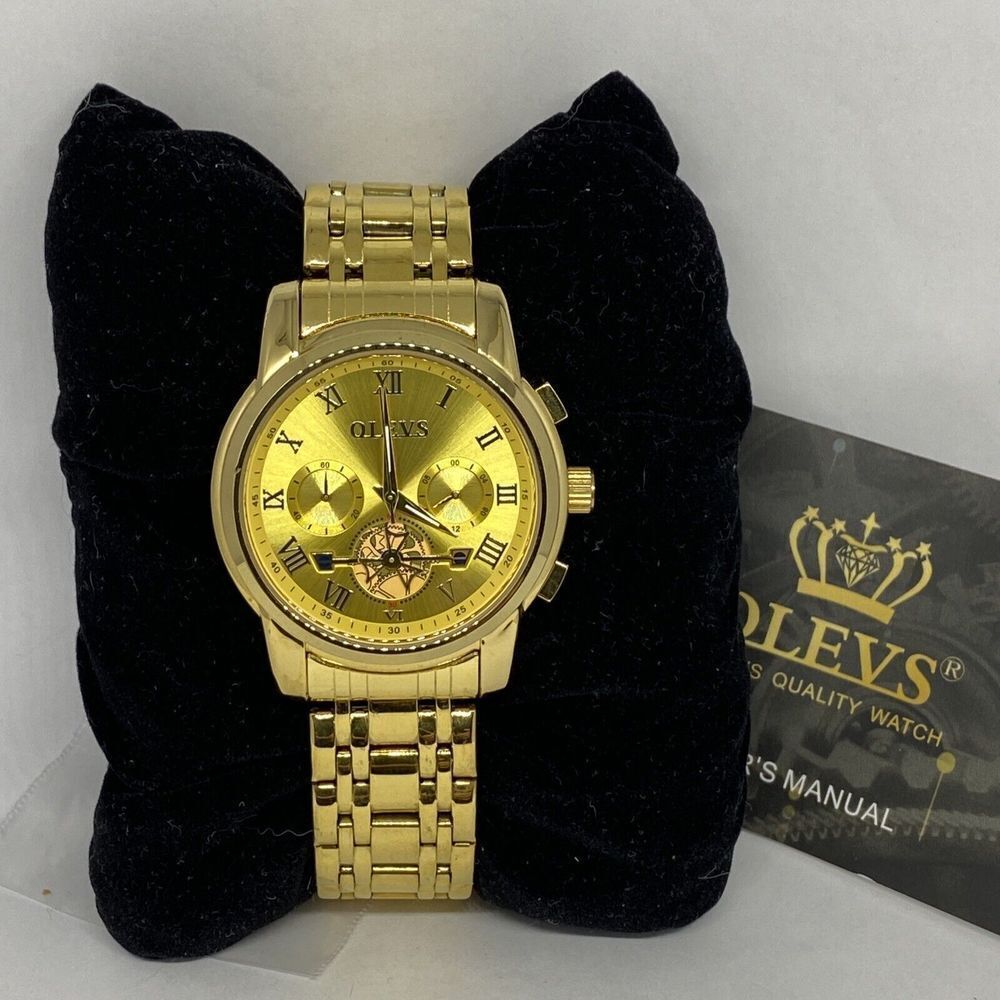 Olevs 2859G Men's Gold Stainless Steel Band Analog Dial Quartz Wrist Watch RQ640